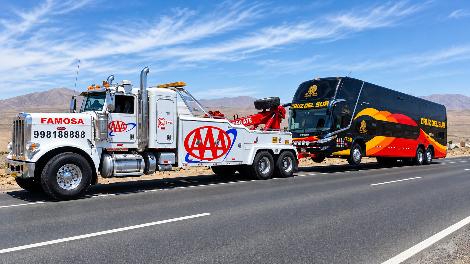 Wrecker pesado de Grúas Triple A remolcando un bus interprovincial de dos pisos en carretera