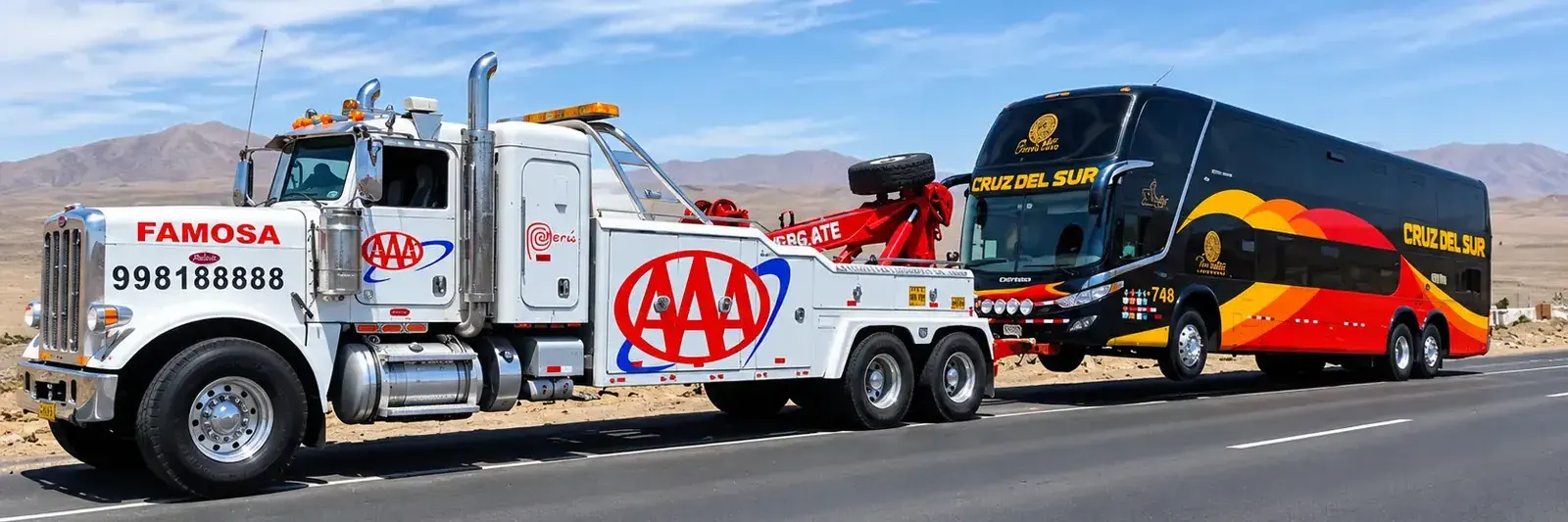 Grúa pesada de Grúas Triple A remolcando un bus interprovincial de dos pisos