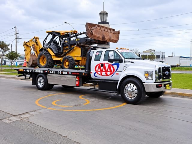 Grúa plataforma Ford F-650 de Grúas Triple A trasladando una retroexcavadora Caterpillar
