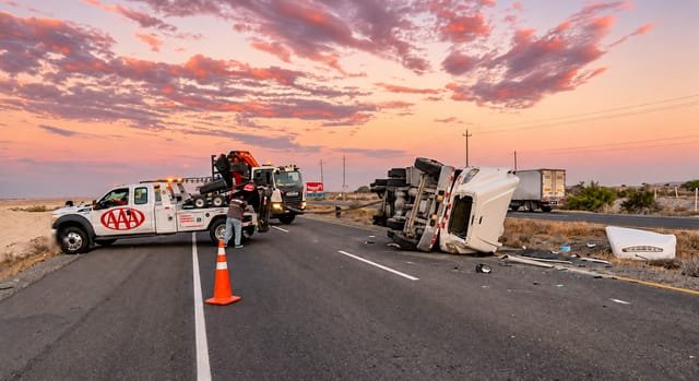 Grúa de Grúas Triple A atendiendo un camión volcado en una carretera de Piura al amanecer